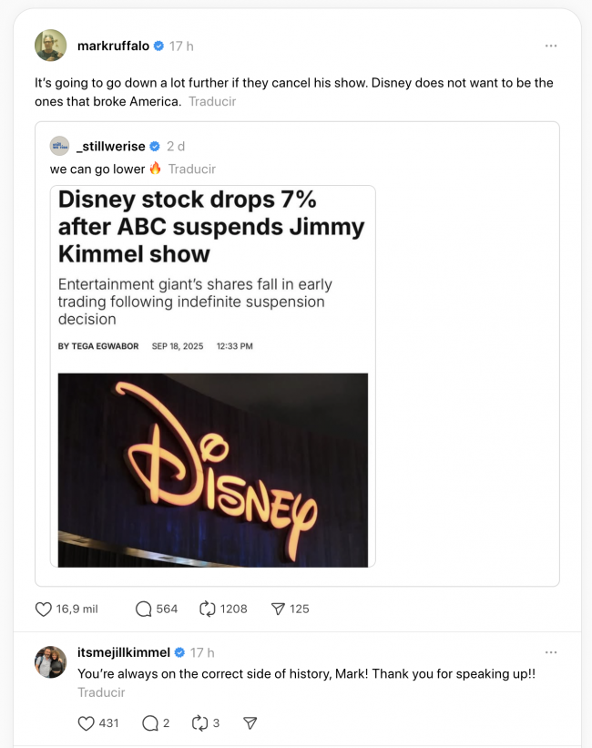 Ο Mark Ruffalo υποστηρίζει τον Jimmy Kimmel μετά την αναστολή του ABC